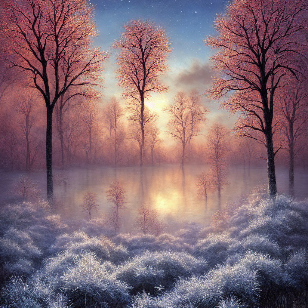 Frost-covered trees and bushes in misty winter sunrise reflection