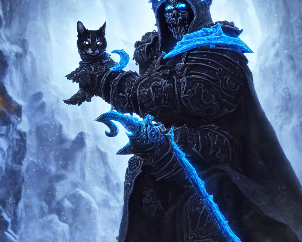 Armored fantasy warrior with glowing blue accents in snowy scene with sword and black cat