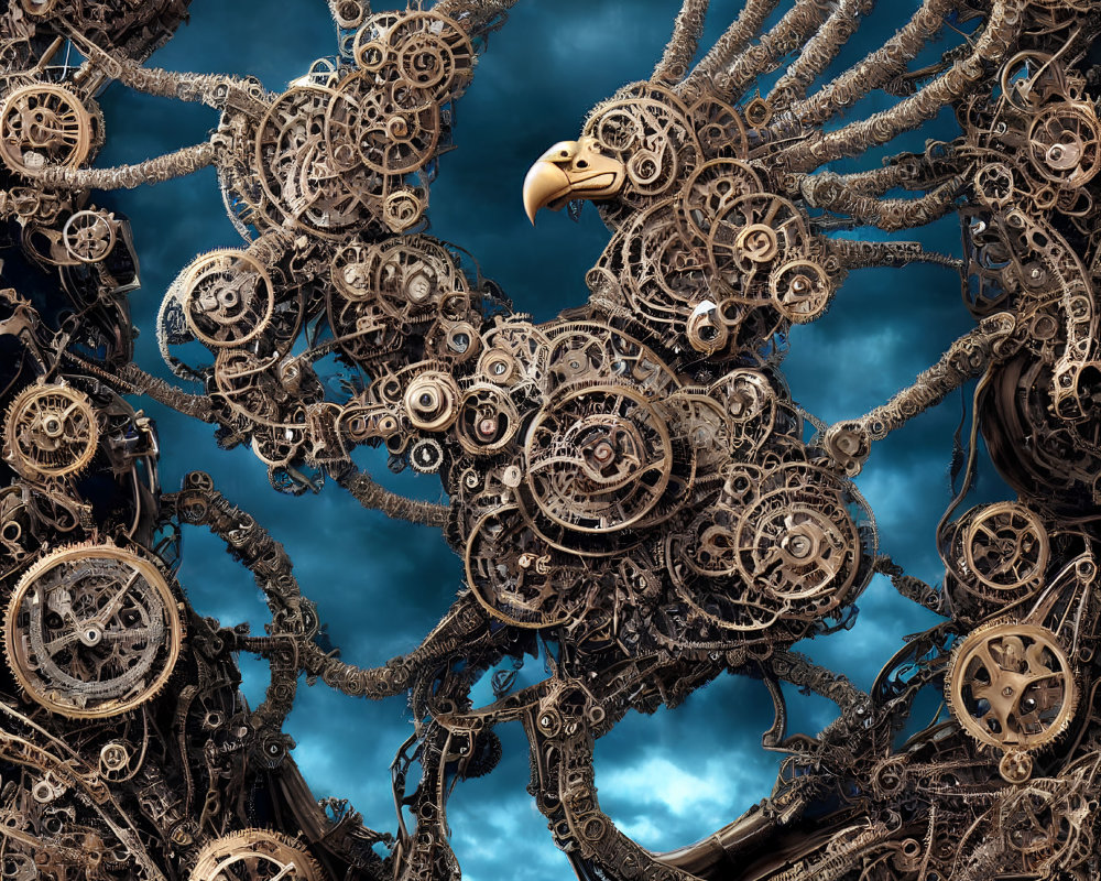 Steampunk-inspired eagle artwork with metallic gears and stormy sky