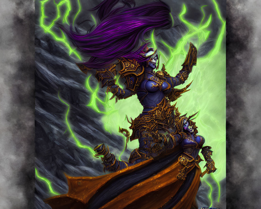 Armored characters with glowing green accents and purple hair in fantasy theme