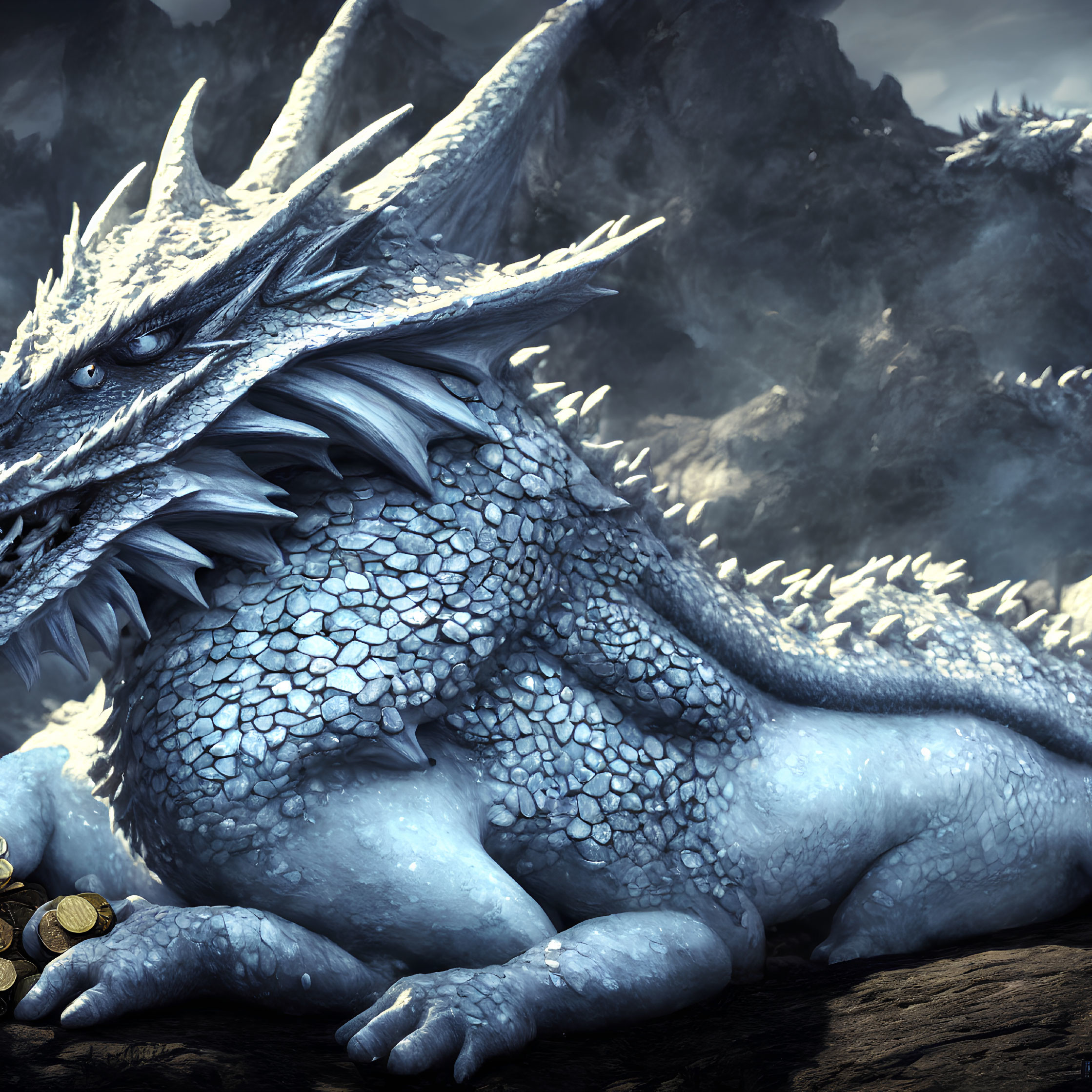 Blue dragon with white spikes on rocky terrain surrounded by coins
