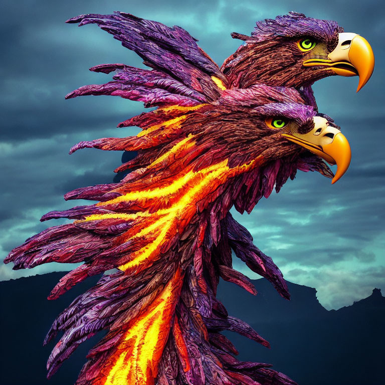 Digital artwork: Two-headed eagle with red and purple feathers on stormy sky backdrop