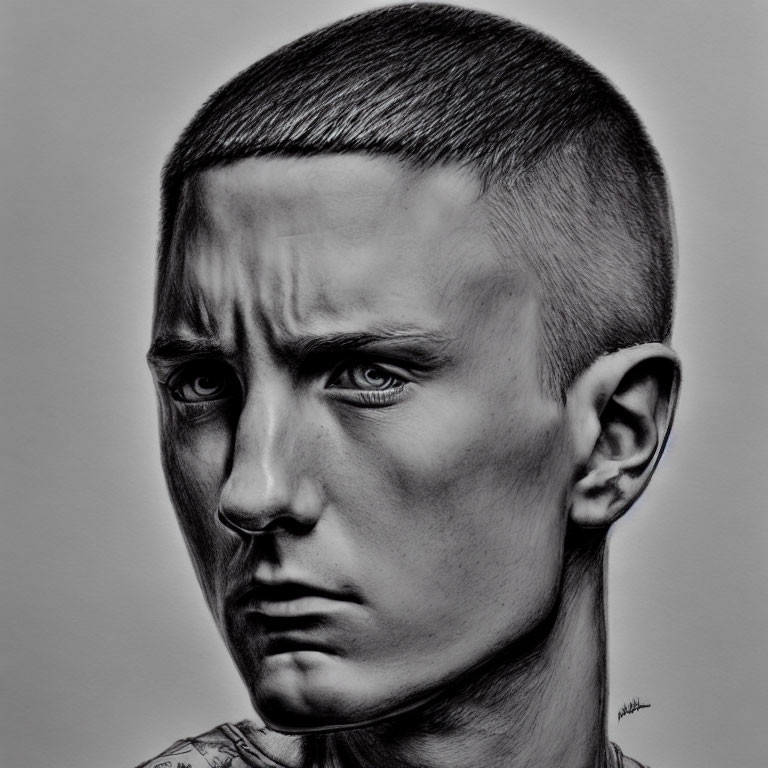 Detailed pencil drawing of a man with buzz cut, intense gaze, prominent cheekbones.