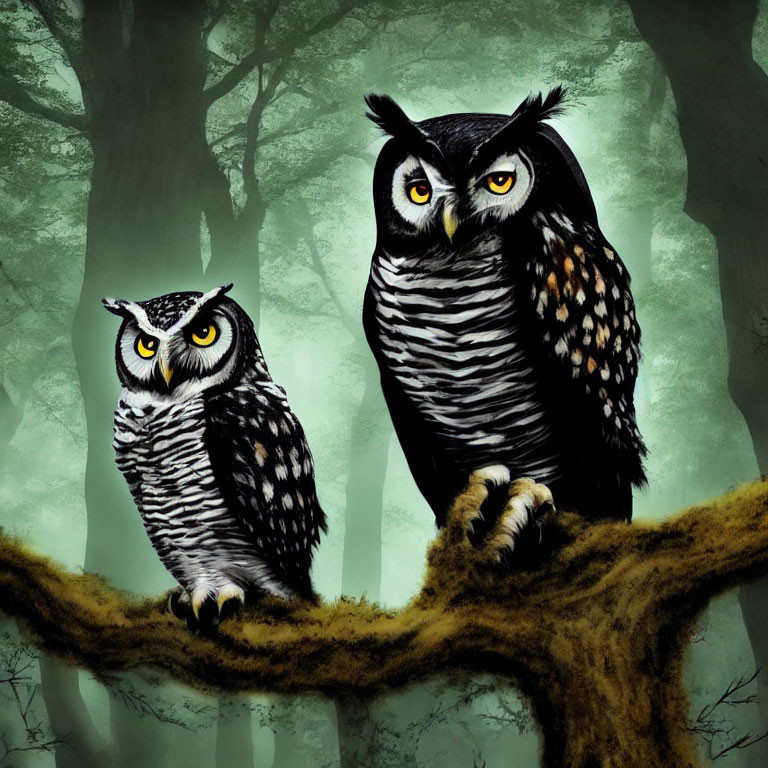 Illustrated owls perched on misty forest branch with intense yellow eyes