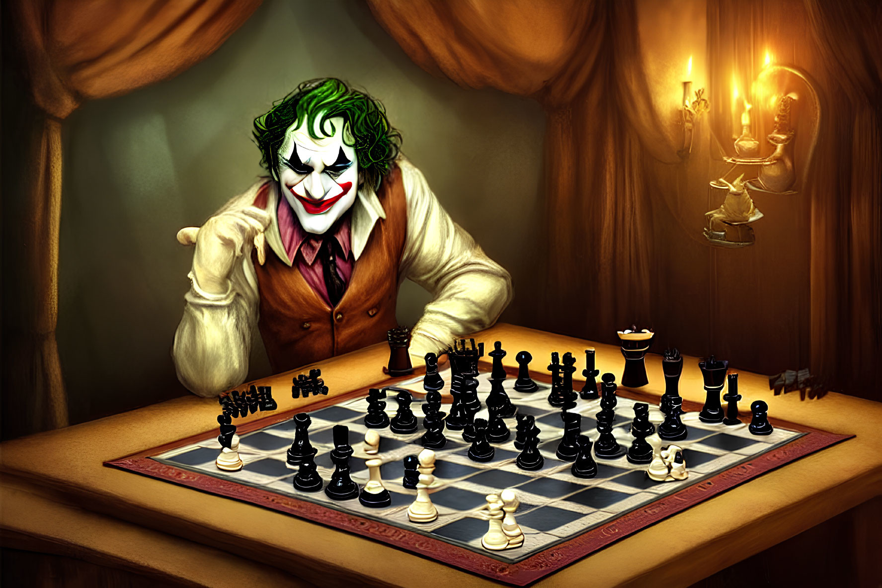 Person dressed as Joker playing chess in dimly lit room