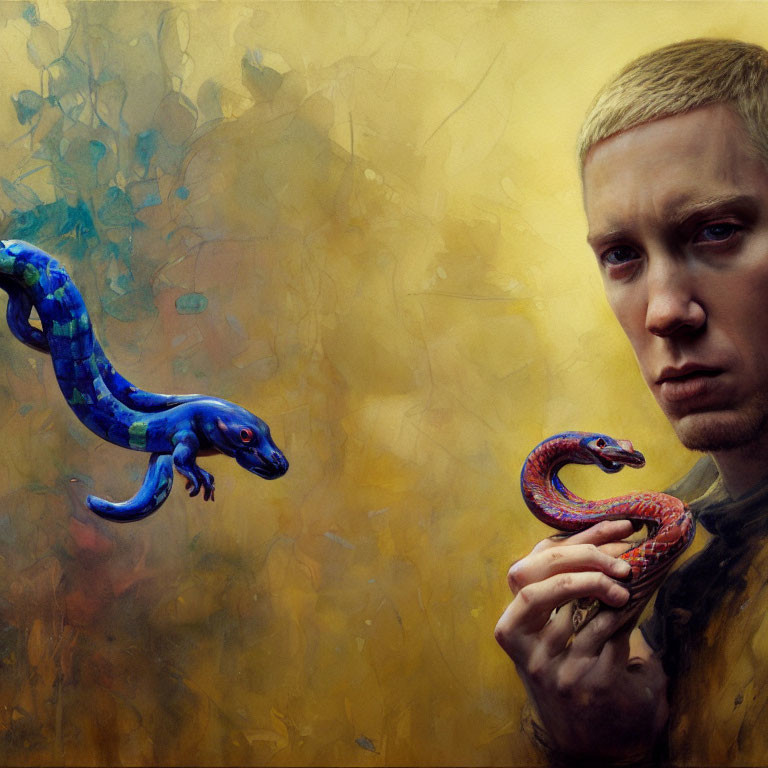 Somber person with red snake and blue lizard on golden backdrop