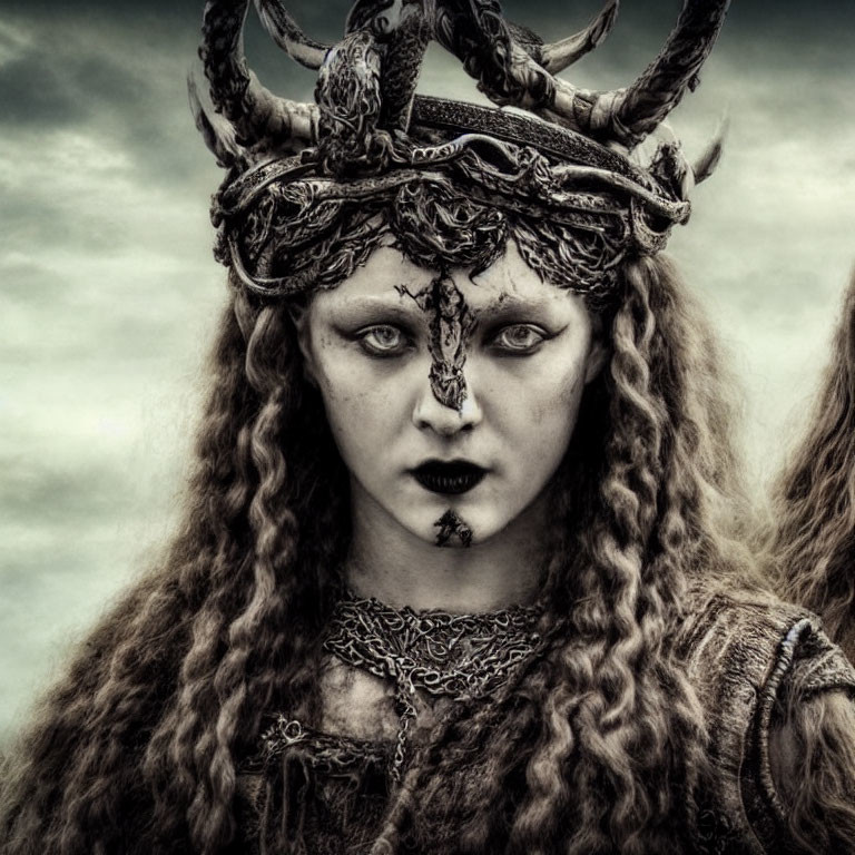 Dark, intricate horned headpiece on woman with eerie makeup and forehead symbol representing mystical or pagan vibe