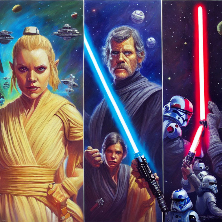 Star Wars characters in three-panel artwork with female and male Jedi, and lightsaber-wielding stormtro