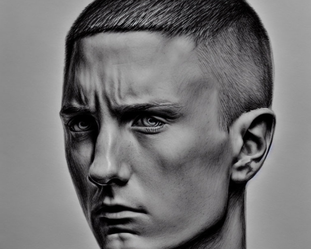 Detailed pencil drawing of a man with buzz cut, intense gaze, prominent cheekbones.