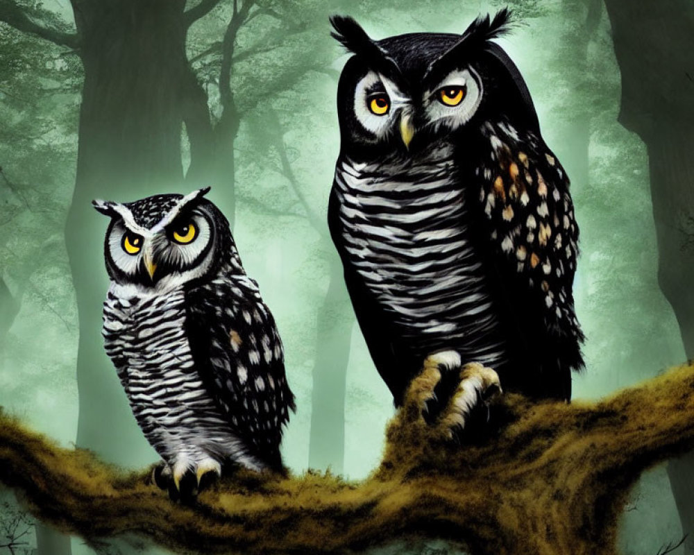 Illustrated owls perched on misty forest branch with intense yellow eyes