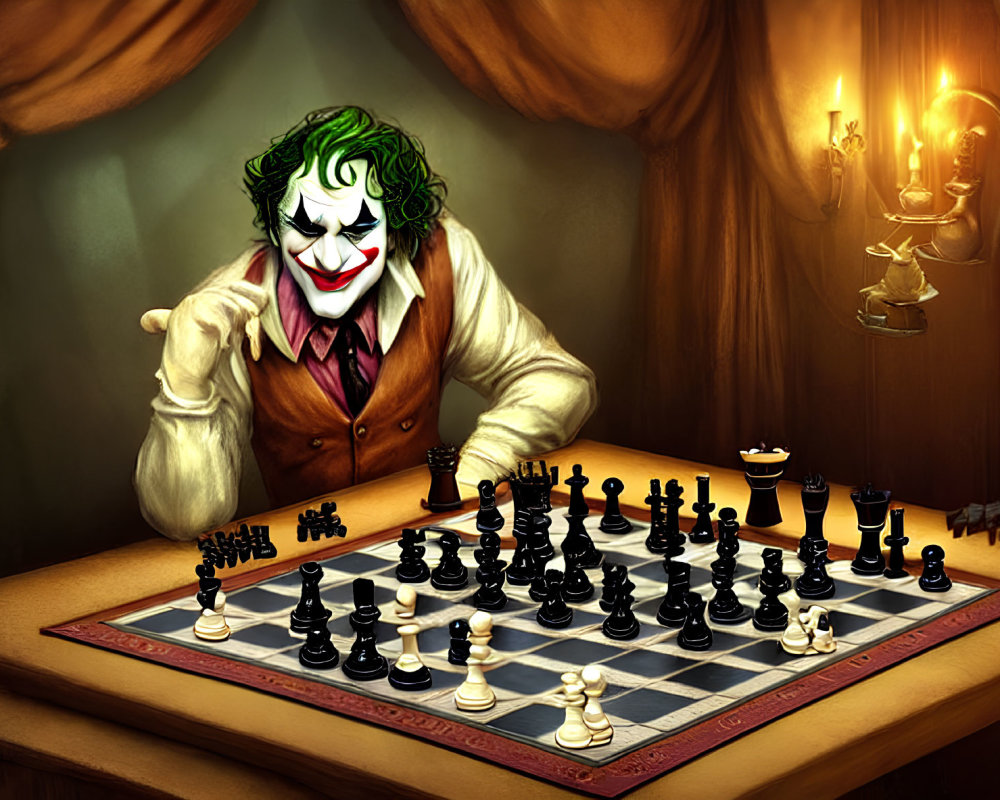 Person dressed as Joker playing chess in dimly lit room