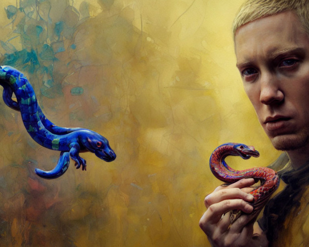 Somber person with red snake and blue lizard on golden backdrop