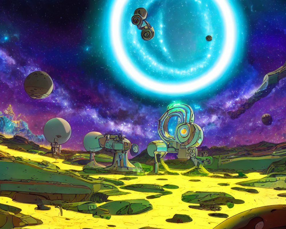 Colorful sci-fi landscape with nebula, planets, base, and vehicle