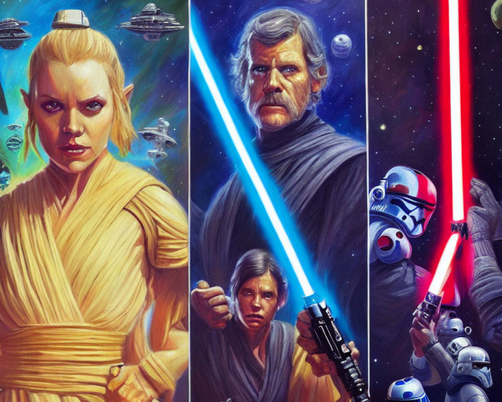 Star Wars characters in three-panel artwork with female and male Jedi, and lightsaber-wielding stormtro