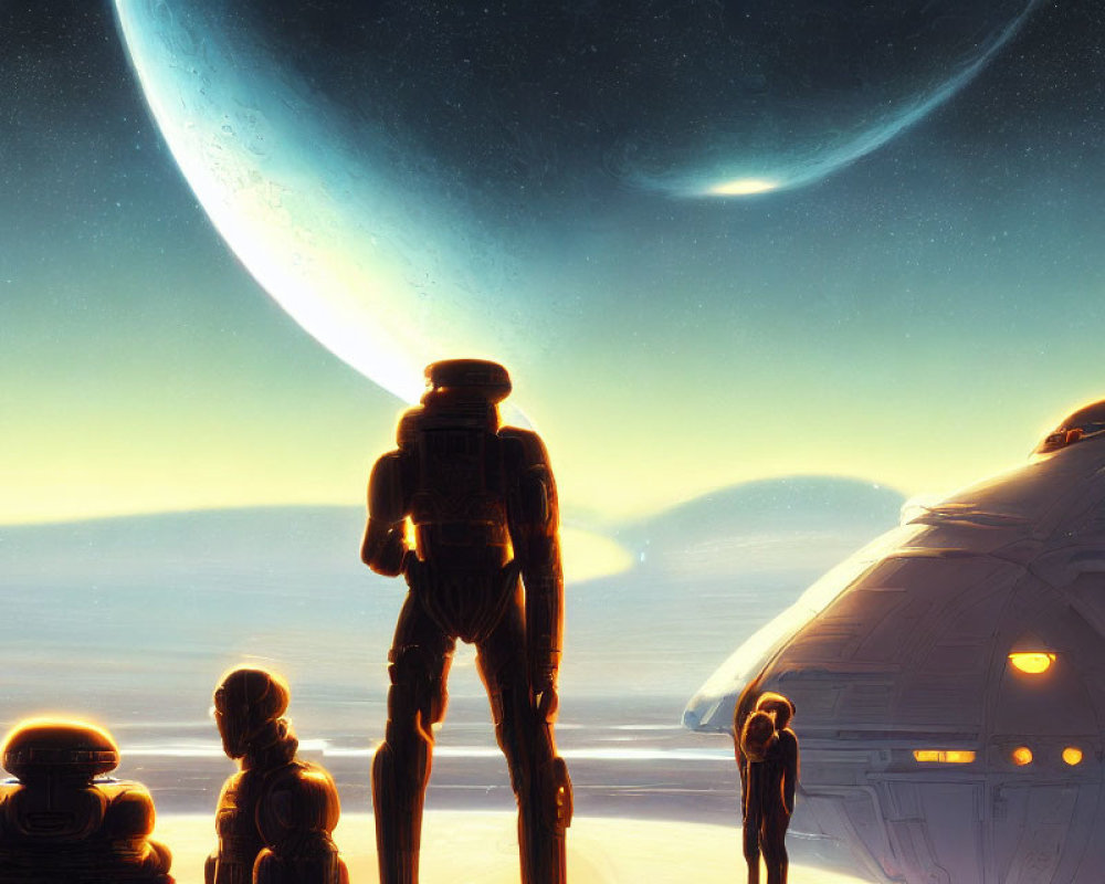 Sci-fi droids and human-like figure in desert landscape with spaceship and planet view