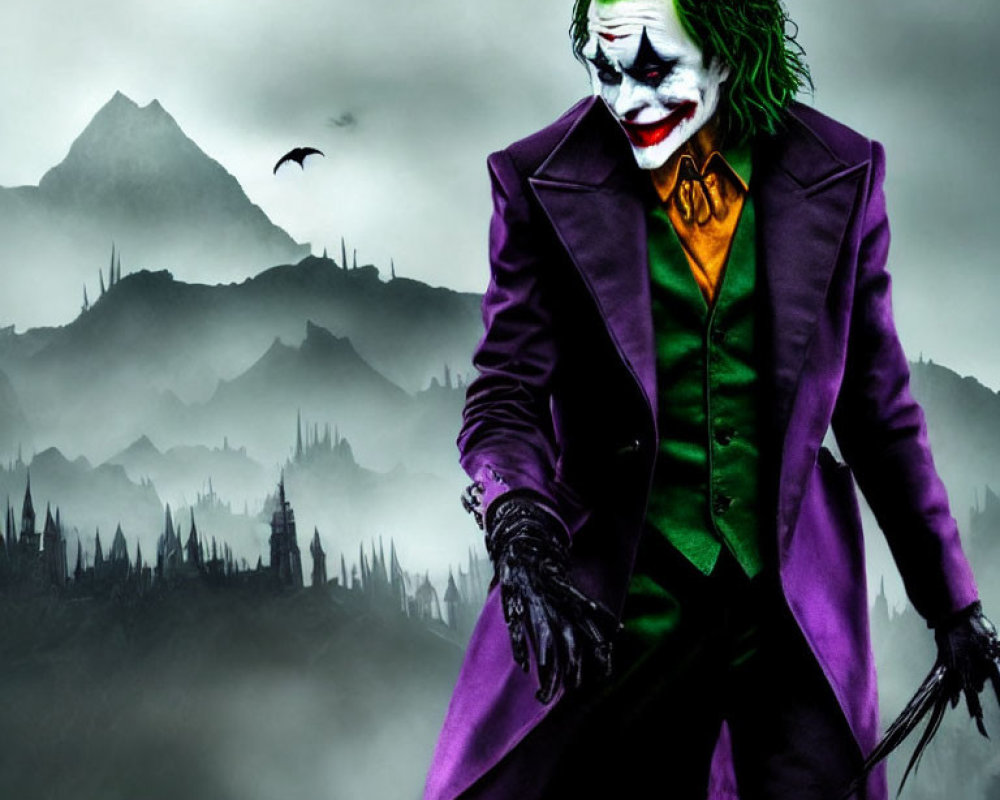 Menacing Joker character in purple coat and green vest against mountainous backdrop.