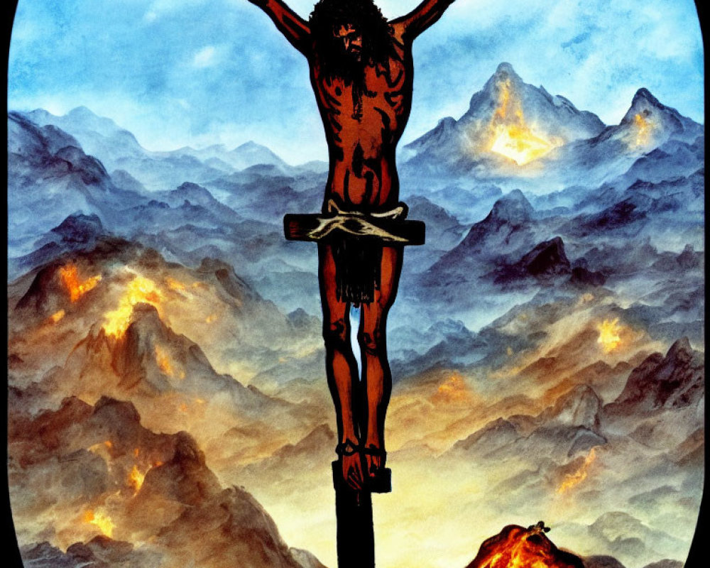 Crucifixion scene with fiery mountains and vivid sky