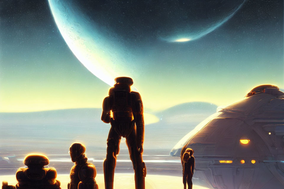 Sci-fi droids and human-like figure in desert landscape with spaceship and planet view