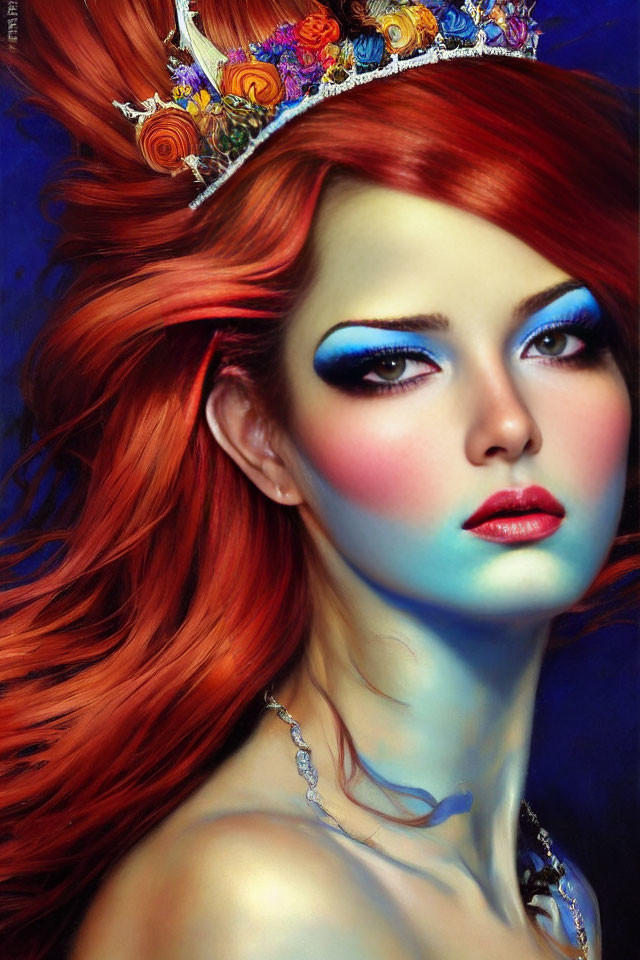 Colorful portrait of woman with red hair, floral crown, and captivating blue eyes