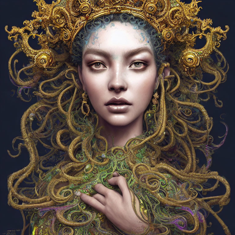 Detailed Illustration of Woman in Elaborate Golden Headgear and Green Garments