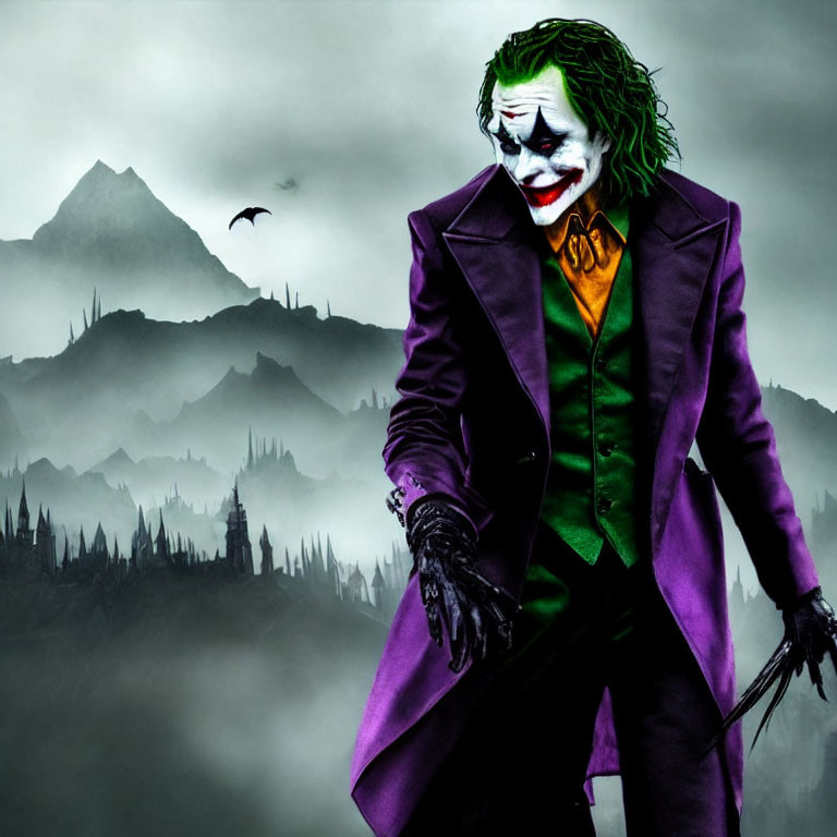 Menacing Joker character in purple coat and green vest against mountainous backdrop.