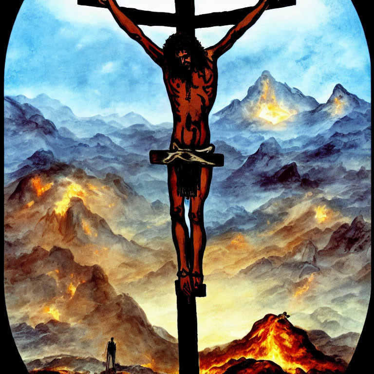 Crucifixion scene with fiery mountains and vivid sky