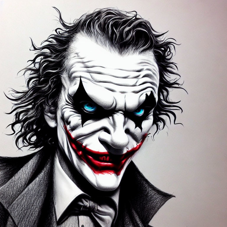 Menacing Joker illustration with white face makeup and green hair.