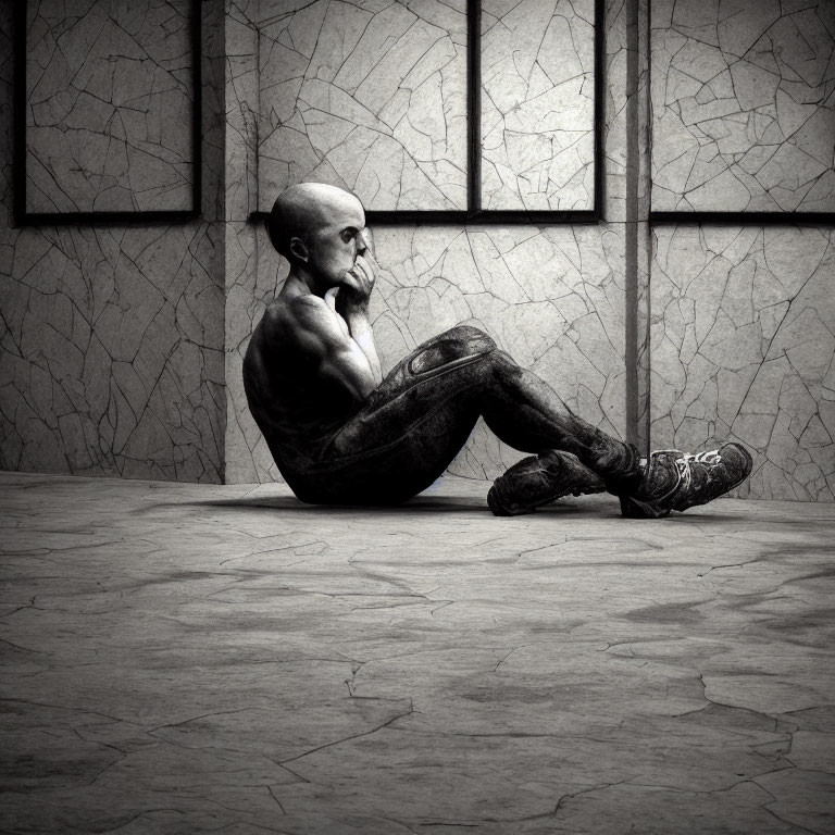 Monochrome artistic image of bald muscular figure contemplating by cracked wall