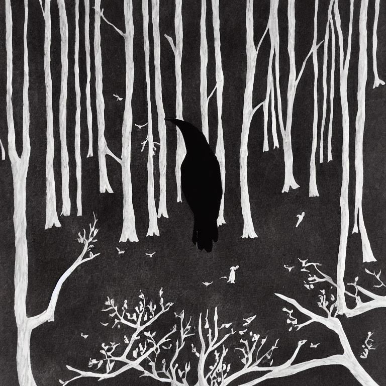 Monochrome forest artwork with wolf silhouette and bare trees