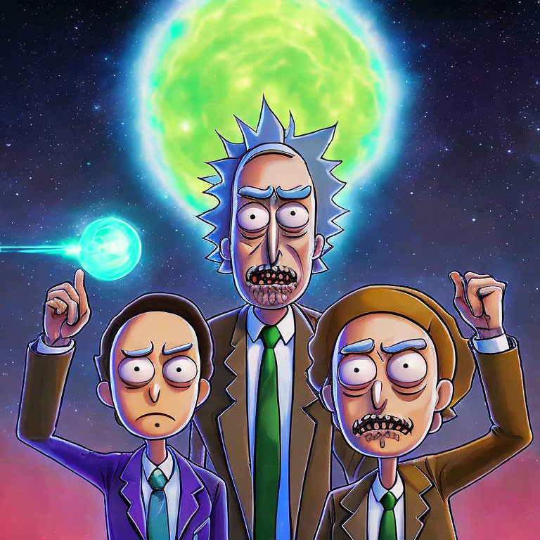 Three animated scientist characters with exaggerated expressions in cosmic setting with green portal and blue orb.