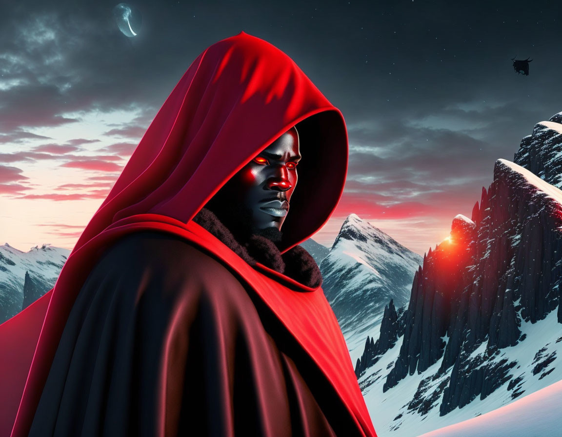 Mysterious Figure in Red Hooded Cloak Against Snowy Mountain Sky