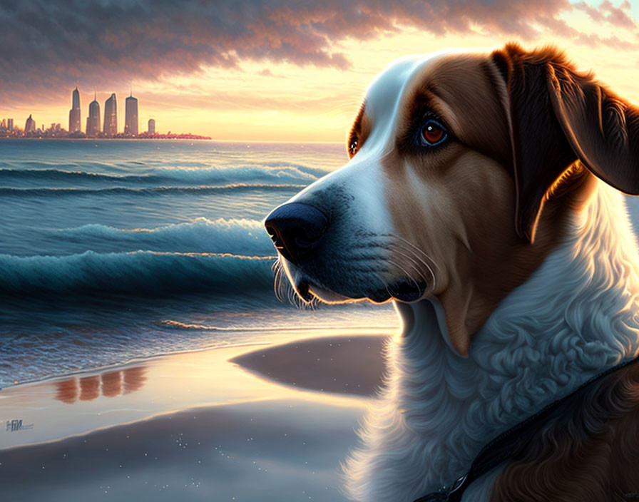 Contemplative dog at sunset by seaside with city skyline reflection