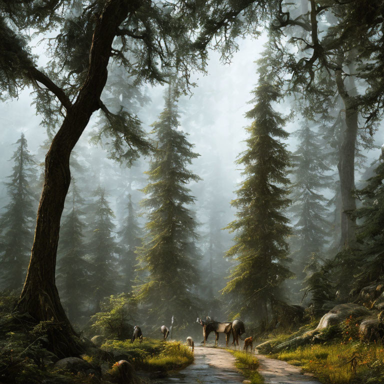 Tranquil forest scene with sunlight, horses, deer, and towering trees