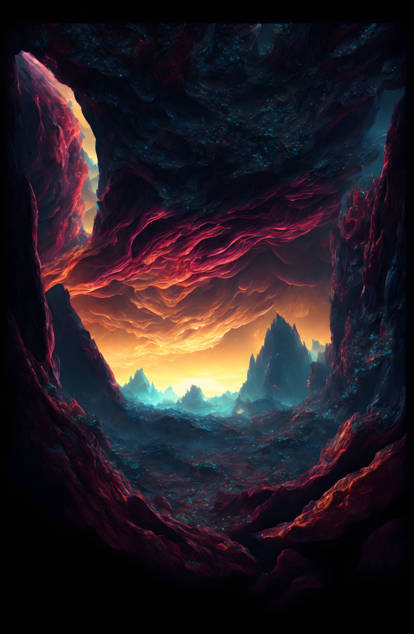 Digital artwork of dramatic cave opening with fiery sunset-lit horizon