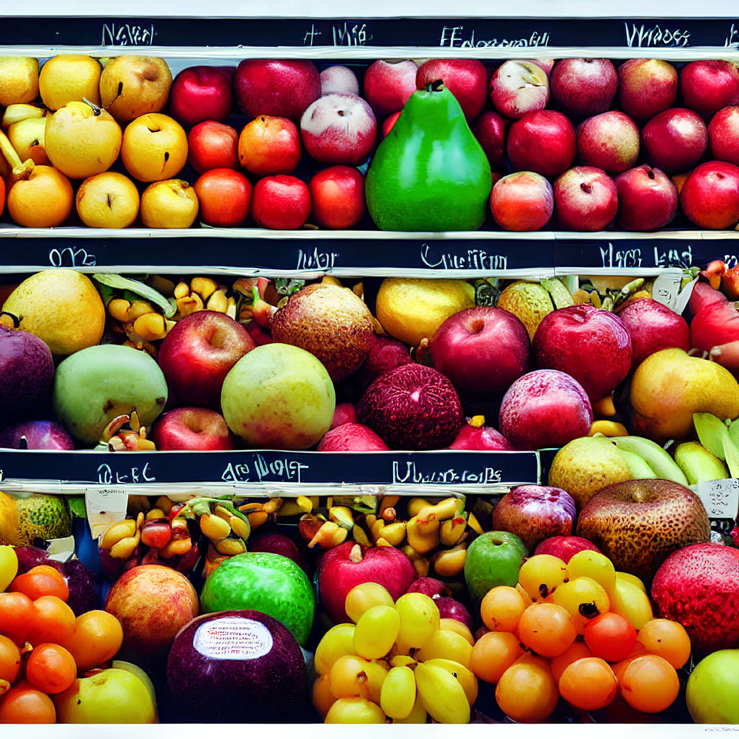 Assorted Fruits Displayed with Labels on Shelves