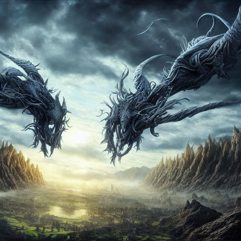 Majestic dragons in fantasy landscape with spires & sunlight