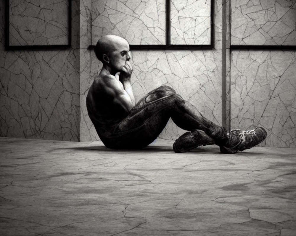 Monochrome artistic image of bald muscular figure contemplating by cracked wall