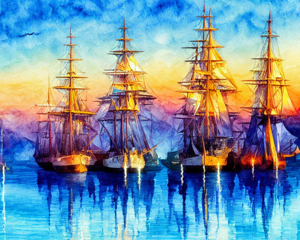 Colorful watercolor painting of tall ships at sunset with reflections and vibrant sky