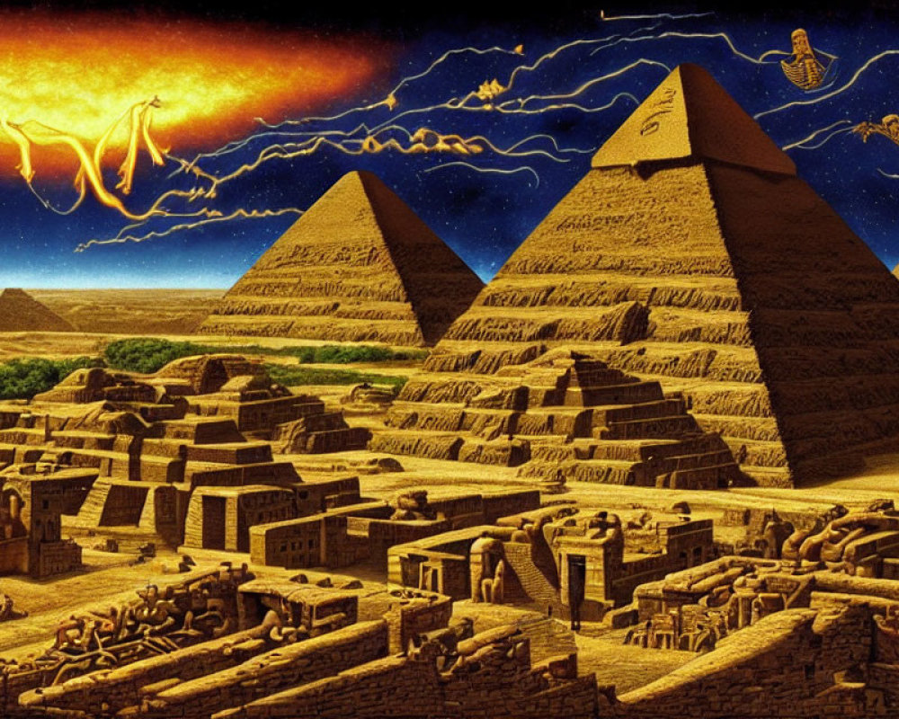 Ancient Egyptian pyramids and structures under a dramatic sky with hieroglyph-like elements and a comet