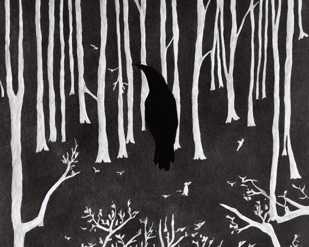 Monochrome forest artwork with wolf silhouette and bare trees