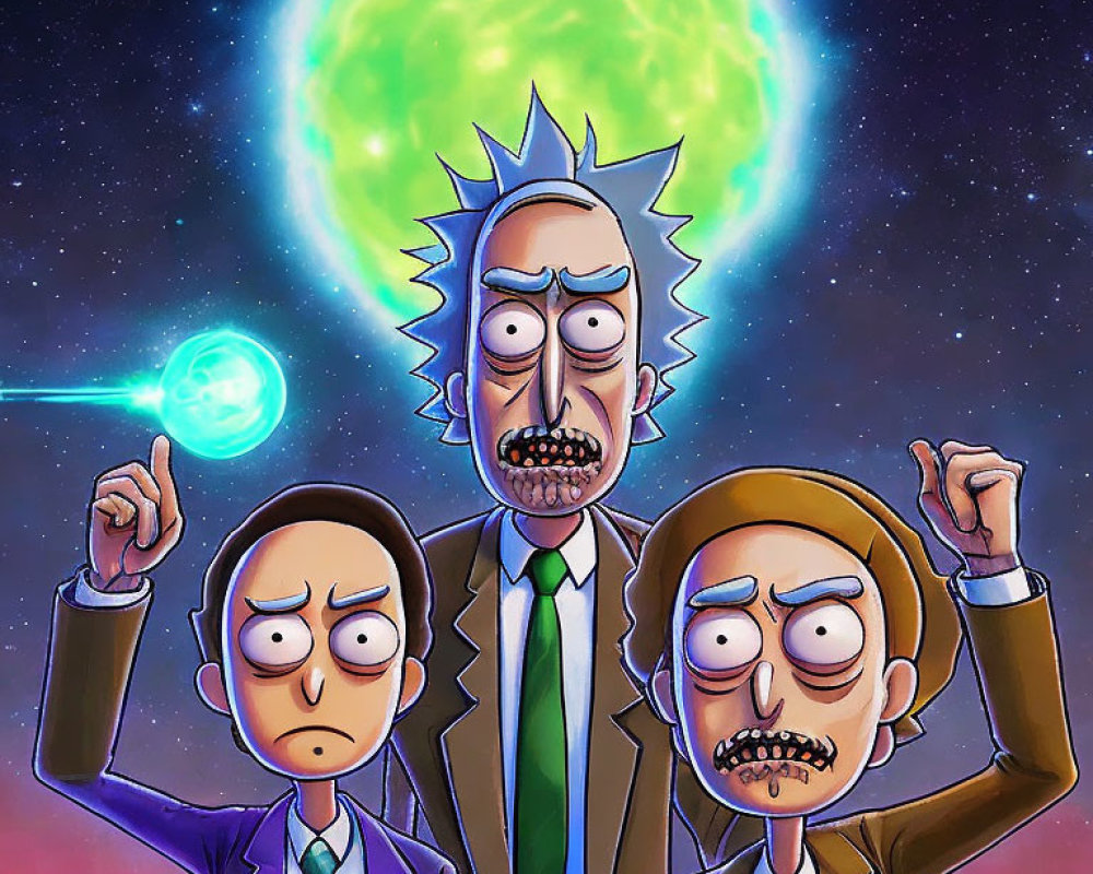 Three animated scientist characters with exaggerated expressions in cosmic setting with green portal and blue orb.