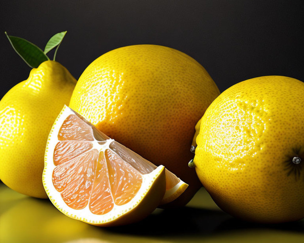 Fresh Lemons Sliced on Reflective Surface Against Dark Background