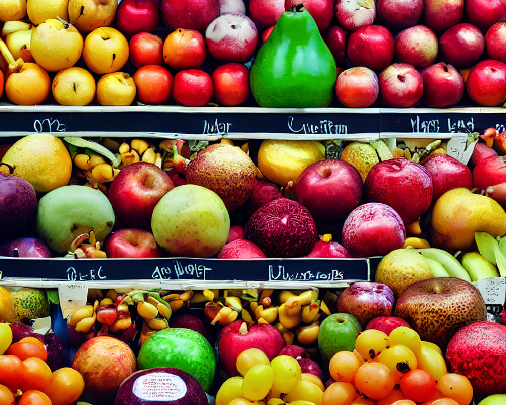 Assorted Fruits Displayed with Labels on Shelves