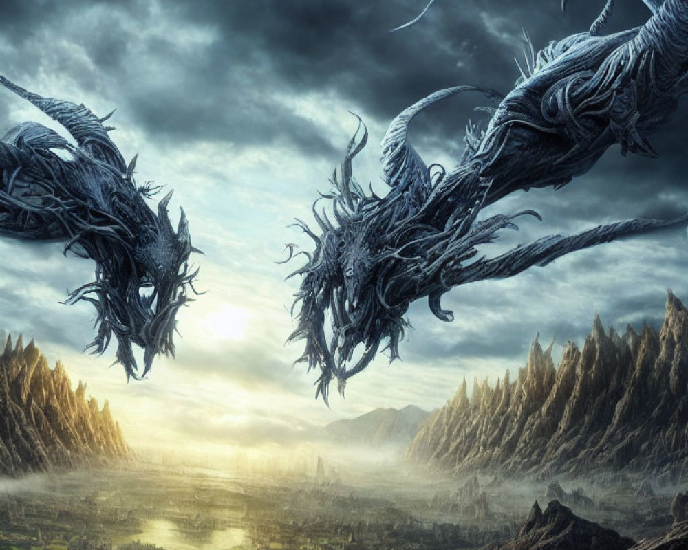 Majestic dragons in fantasy landscape with spires & sunlight