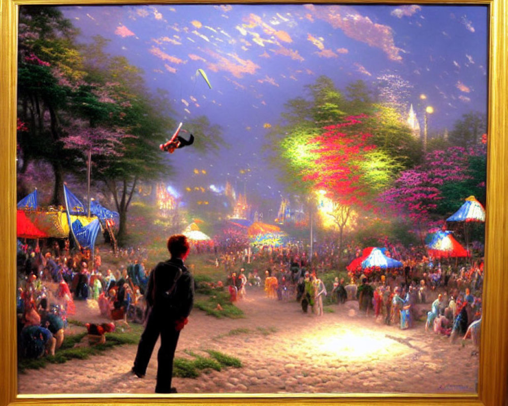 Colorful Outdoor Festival Painting with Crowds and Performer at Twilight