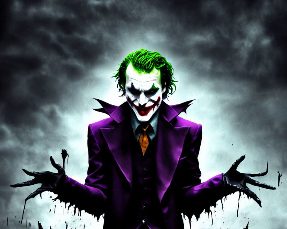 Person in Joker Makeup with Green Hair and Purple Coat Against Stormy Backdrop