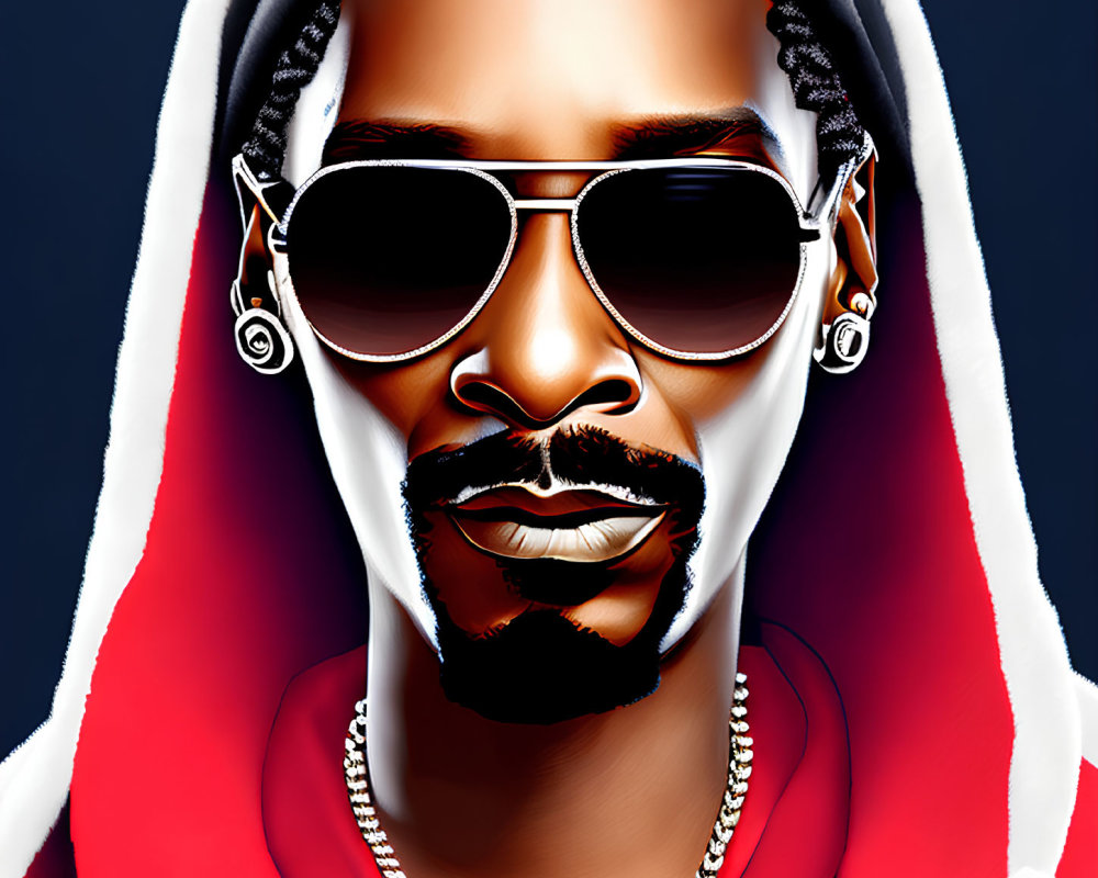 Portrait of a man with braided hair, sunglasses, earrings, and chains against blue background with red