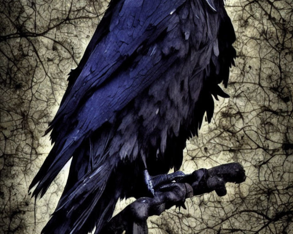 Mysterious raven perched on textured brown background