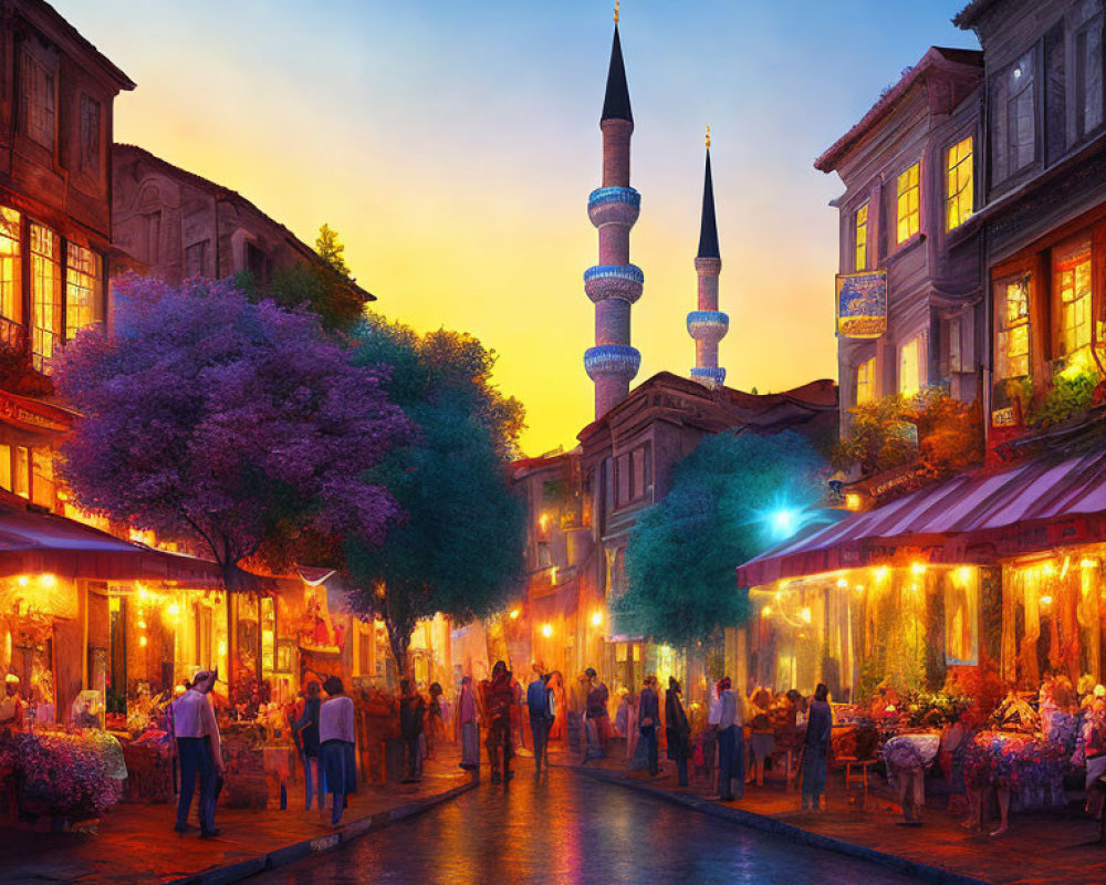 Vibrant dusk street scene with mosque minarets, glowing cafes, and blooming purple trees