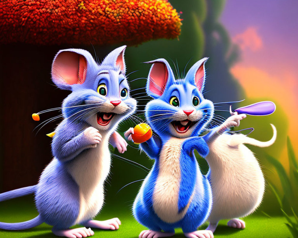 Blue animated mice with needle and acorn in nature scene with flower.